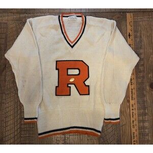 Vintage 60s LETTERMAN V-NECK SWEATER White orange Sweater LETTER 'R' wool